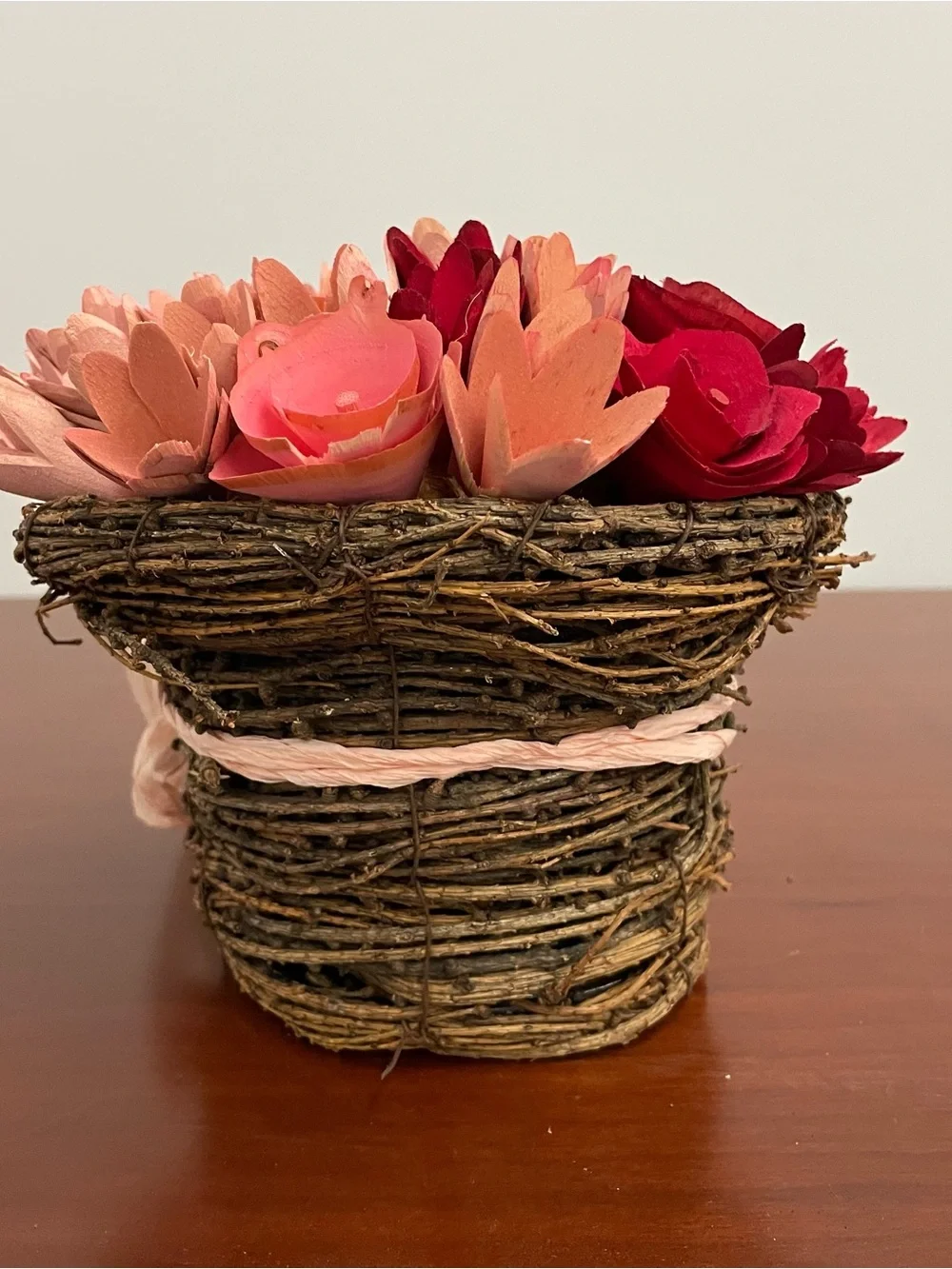 Valentine’s Day Carved Wooden Red and Pink Flowers in Grapevine Basket